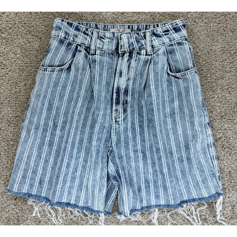Free People High Waist Striped Denim Shorts - Light Blue & White